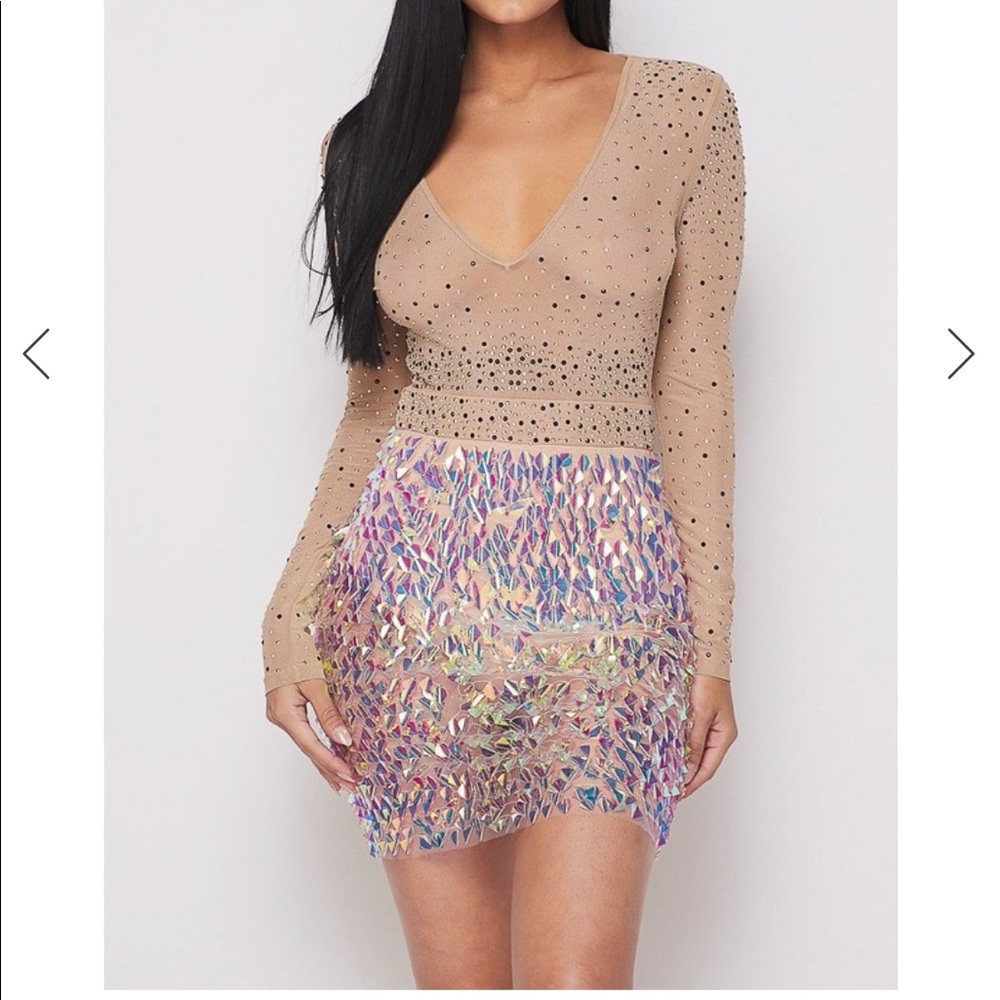 Nude mesh rhinestone long sleeve dress...